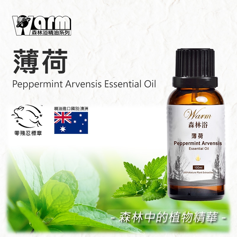 森林浴精油系列薄荷Peppermint Arvensis Essential Oil殘忍標章精油進口國別:澳洲Warm森林浴薄荷Peppermint ArvensisEssential Oil100ml100%Nature Plant Extractiod森林中的植物精華