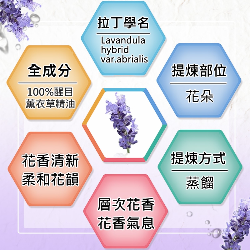 全成分100%醒目薰衣草精油拉丁學名Lavandulahybridvar.abrialis花香清新柔和花韻提煉部位花朵層次花香花香氣息提煉方式蒸餾