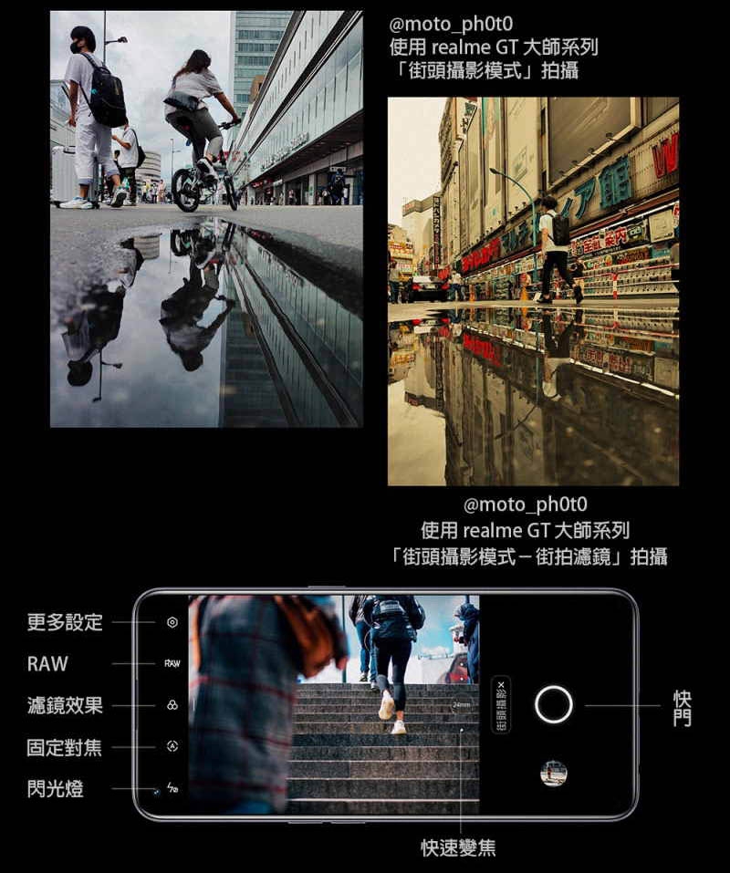 更多設定RAW濾鏡效果固定對焦閃光燈@moto_photo使用 realme GT 大師系列「街頭攝影模式」拍攝@moto_photo使用 realme GT大師系列「街頭攝影模式街拍濾鏡」拍攝快速變焦街頭攝影