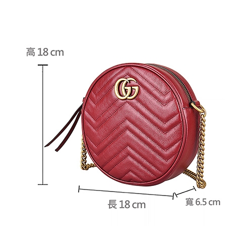 GUCCI 古馳 MARMONT金屬LOGO圓形設計牛皮W字紋鏈帶拉鍊斜背包