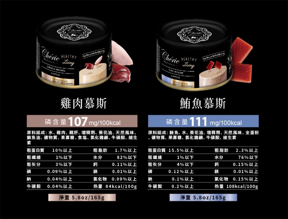 HEALTHY 雞肉慕斯磷含量107 mg/100kcalChérieHEALTHY 鮪魚慕斯磷含量111 mg/100kcal原料組成: 鮪魚水、葵花油、增稠劑、天然風味、全蛋粉、礦物質、果寡糖、氯化膽鹼、牛磺酸、維生素原料組成: 水、雞肉、雞肝、增稠劑、葵花油、天然風味、鮪魚油、礦物質、果寡糖、食塩、氯化膽鹼、牛磺酸、維生素粗蛋白質 10%以上粗纖維1%以下粗脂肪 1.7%以上水分粗灰分磷鈉牛磺酸3%以下0.09%以上0.04%以上0.04%以上鈣鎂82%以下0.11%以上0.01%以上粗蛋白質 15.5%以上粗纖維粗灰分磷粗脂肪2.3%以上1%以下4%以下水分鈣0.12%以上鎂氯化物0.09%以上鈉热量 84kcal/100g牛磺酸0.1%以上0.2%以上淨重 5.8oz/165g76%以下0.15%以上0.01%以上氯化物 0.15%以上热量 108kcal/100g淨重 5.8oz/165g