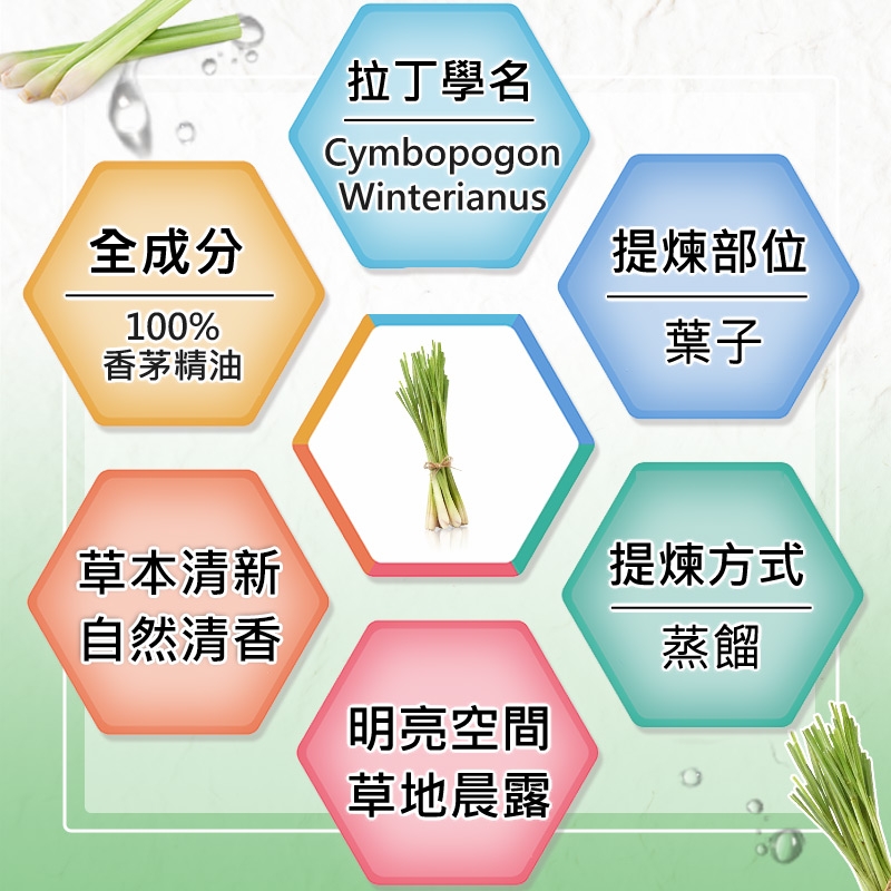 全成分100%香茅精油草本清新自然清香拉丁學名CymbopogonWinterianus提煉部位葉子明亮空間草地晨露提煉方式蒸餾