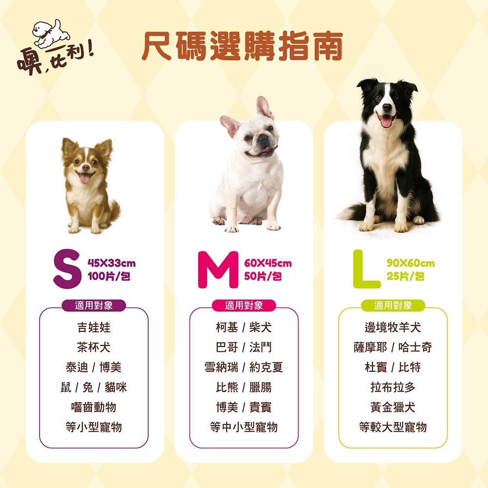 噢!尺碼選購指南45x33cm100片包適用對象吉娃娃茶杯犬泰迪博美鼠/兔/貓咪M60X45cm50片/包適用對象柯基 / 柴犬巴哥 / 法鬥雪納瑞 / 約克夏比熊/臘腸L90X60cm25片/包適用對象邊境牧羊犬薩摩耶/哈士奇杜賓 / 比特拉布拉多囓齒動物博美/貴賓黃金獵犬等小型寵物等中小型寵物等較大型寵物