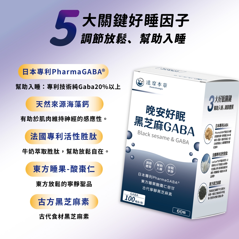 5大鍵好睡因子鬆幫助日本專利PharmaGABA ®幫助入睡專利純Gaba20%以上來源海藻鈣有助於肌肉維持神經感應性法國專利活性胜肽牛奶萃取胜肽幫助放鬆自在東方睡果酸棗仁東方放鬆寧靜聖品古方黑芝麻素古代食材黑芝麻素 達摩本DamoKampo晚安好眠黑芝麻GABABlack sesame & GABAGABA調節體質幫助入睡放鬆寧靜日本專利PharmaGABA 東方睡果酸棗仁皂甘古代寧靜黑芝麻素0 毫克 份60顆大好眠關鍵幫助入睡、調節體質日本專利GABA日本關技術日本4項專利日本、調節的法國專利活性胜肽Lactium*研究10項專利小水解。可放-東方黑芝麻素芝麻芝麻主要的,國古方的中草物天然:。