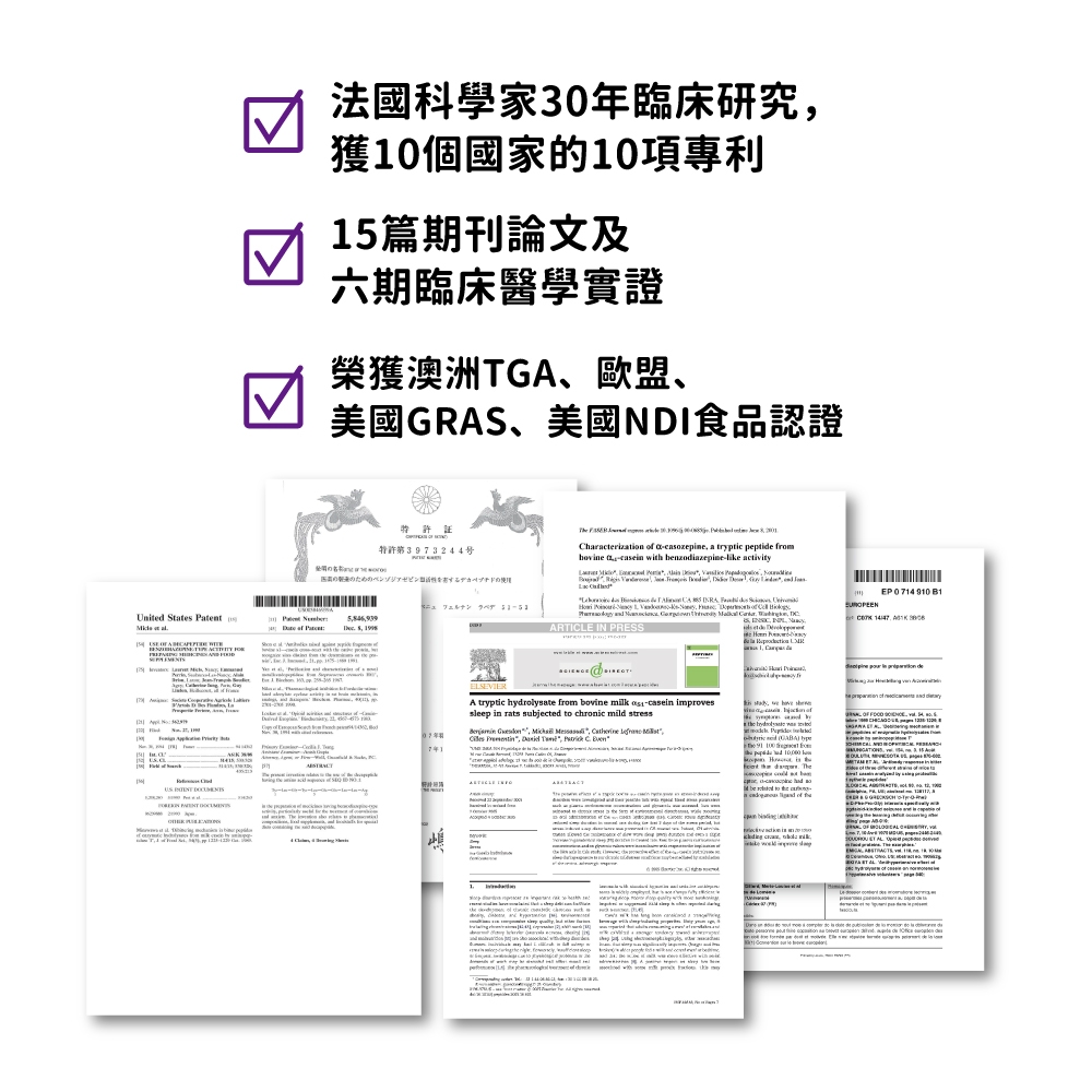 United Sttes          法國科學家30臨床研究獲0個國家的項專利1篇期刊論文及六期臨床醫學實證榮獲澳洲TGA、歐盟、美國GRAS、美國NDI食品認證特許  特许393244号ための    5          Characterization  a a tryptic pepti from  with like activity                           ARTICE IN PRESS     EP 910 B1     ELSEVIERA tryptic hydrolysate from bovine milk casein improvessleep in rats subjected  chronic mild stress14     L077年1                    10      to    of     de