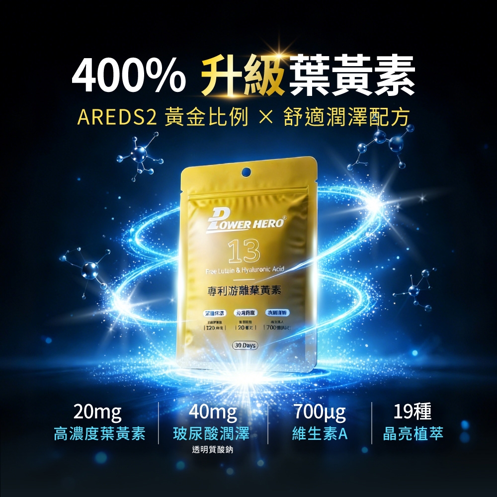 400% 升級ARES2 黃金比例  舒適潤澤配方D HERO13Free Lutein & Hyaluronic Acid葉黃素 120  20   30 Days20mg40mg19種高濃度葉黃素玻尿酸潤澤維生素A晶亮植萃透明質酸鈉
