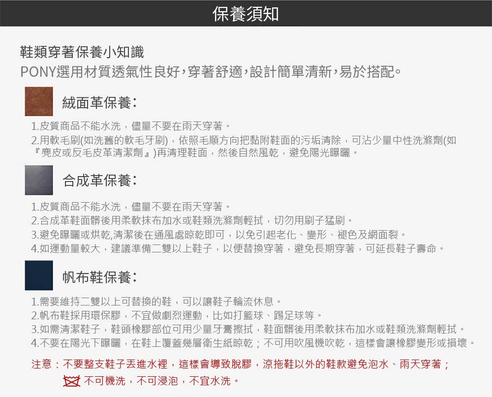 保養須知鞋類穿著保養小知識PONY選用材質透氣性良好,穿著舒適,設計簡單清新,易於搭配。絨面革保養:1.皮質商品不能水洗,儘量不要在雨天穿著。2.用軟毛刷(如洗舊的軟毛牙刷),依照毛順方向把黏附鞋面的污垢清除,可沾少量中性洗滌劑(如『麂皮或反毛皮革清潔劑』)再清理鞋面,然後自然風乾,避免陽光曝曬。合成革保養:1.皮質商品不能水洗,儘量不要在雨天穿著。2.合成革鞋面髒後用柔軟抹布加水或鞋類洗滌劑輕拭,切勿用刷子猛刷。3.避免曝曬或烘乾,清潔後在通風處晾乾即可,以免引起老化、變形、褪色及網面裂。4.如運動量較大,建議準備二雙以上鞋子,以便替換穿著,避免長期穿著,可延長鞋子壽命。帆布鞋保養:1.需要維持二雙以上可替換的鞋,可以讓鞋子輪流休息。2.帆布鞋採用環保膠,不宜做劇烈運動,比如打籃球、踢足球等。3.如需清潔鞋子,鞋頭橡膠部位可用少量牙膏擦拭,鞋面髒後用柔軟抹布加水或鞋類洗滌劑輕拭。4.不要在陽光下曝曬,在鞋上覆蓋幾層衛生紙晾乾;不可用吹風機吹乾,這樣會讓橡膠變形或損壞。注意:不要整支鞋子丟進水裡,這樣會導致脫膠,涼拖鞋以外的鞋款避免泡水、雨天穿著;不可機洗,不可浸泡,不宜水洗。