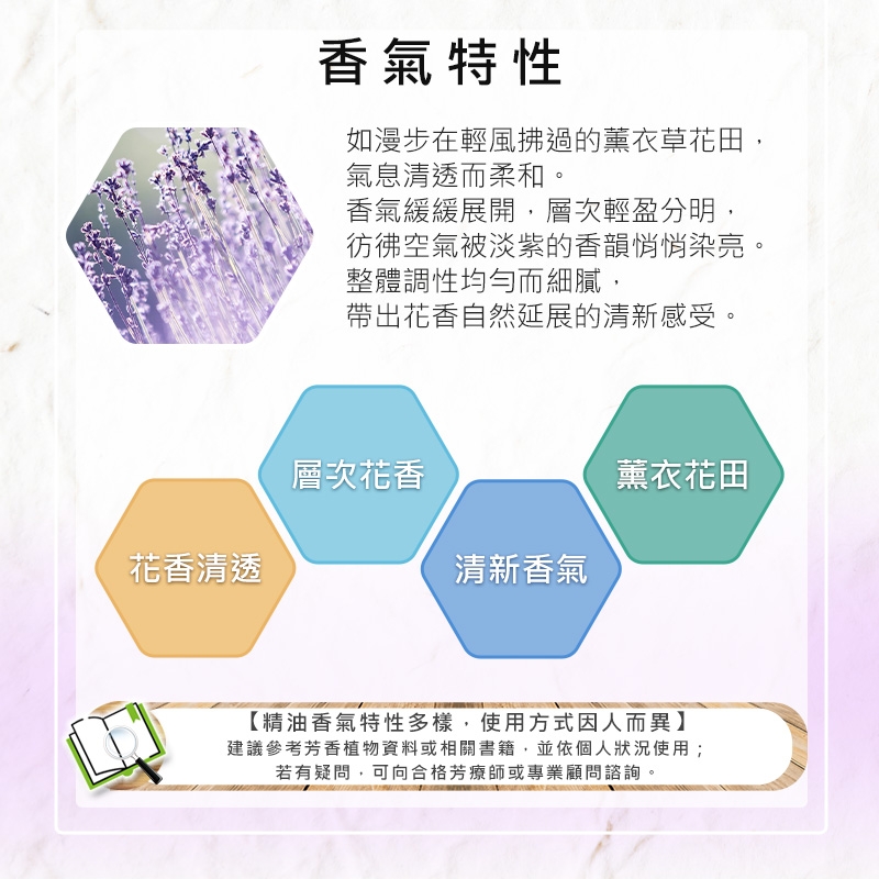 花香清透香氣特性如漫步在輕風拂過的薰衣草花田,氣息清透而柔和。香氣緩緩展開,層次輕盈分明,彷彿空氣被淡紫的香韻悄悄染亮。整體調性均勻而細膩,帶出花香自然延展的清新感受。層次花香薰衣花田清新香氣【精油香氣特性多樣,使用方式因人而異】建議參考芳香植物資料或相關書籍,並依個人狀況使用;若有疑問,可向合格芳療師或專業顧問諮詢。