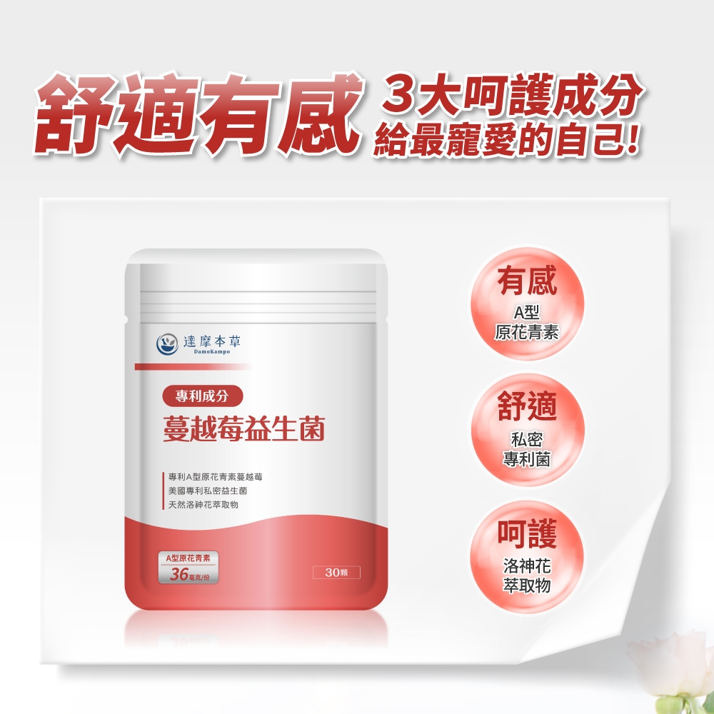 舒適有感 3大呵護成分給最寵愛的自己 達摩本草有感A型原花青素專利成分蔓越莓益生菌舒適私密專利菌專利A型原花青素蔓越莓美國專利私密益生菌天然洛神花萃取物呵護洛神花A型原花青素30顆36毫克萃取物