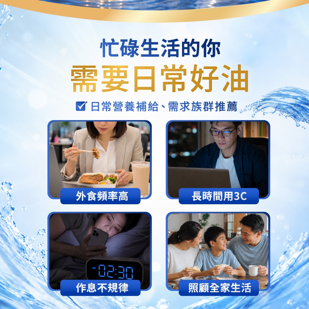 忙碌生活的你需要日常好油日常營養補給、需求族群推薦外食頻率高長時間用3CAM02:30作息不規律照顧全家生活
