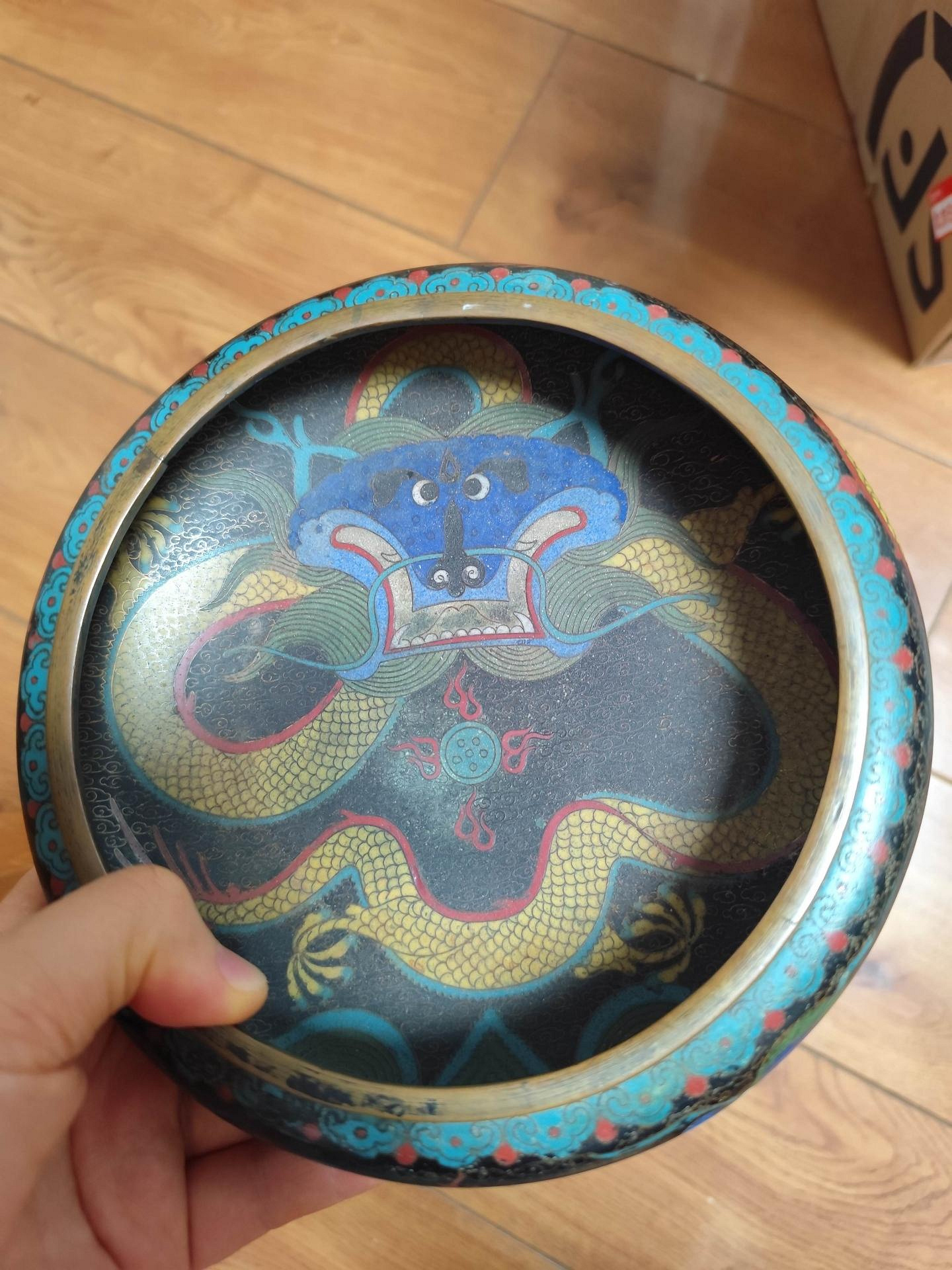 清代景泰藍龍紋筆洗直徑20公分銅胎掐絲琺瑯工藝精湛藍色龍紋精美絕倫底