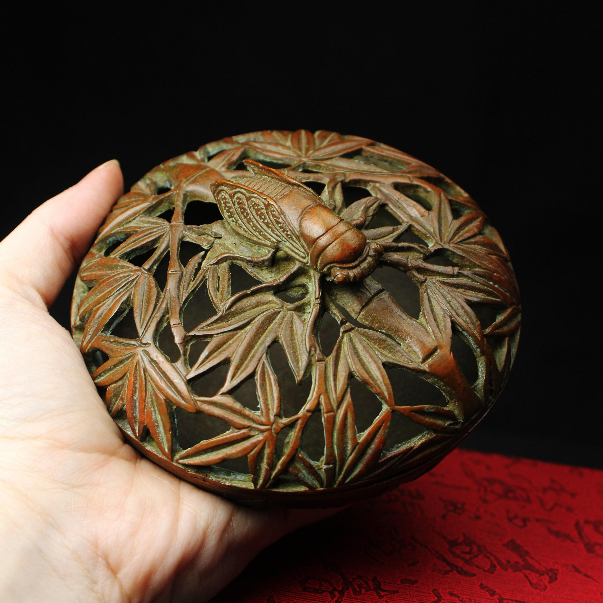 桑園の】銅細工432g 蟬竹雕香爐盤香爐圓盤鏤雕薰香爐Q 9210 | Yahoo拍賣