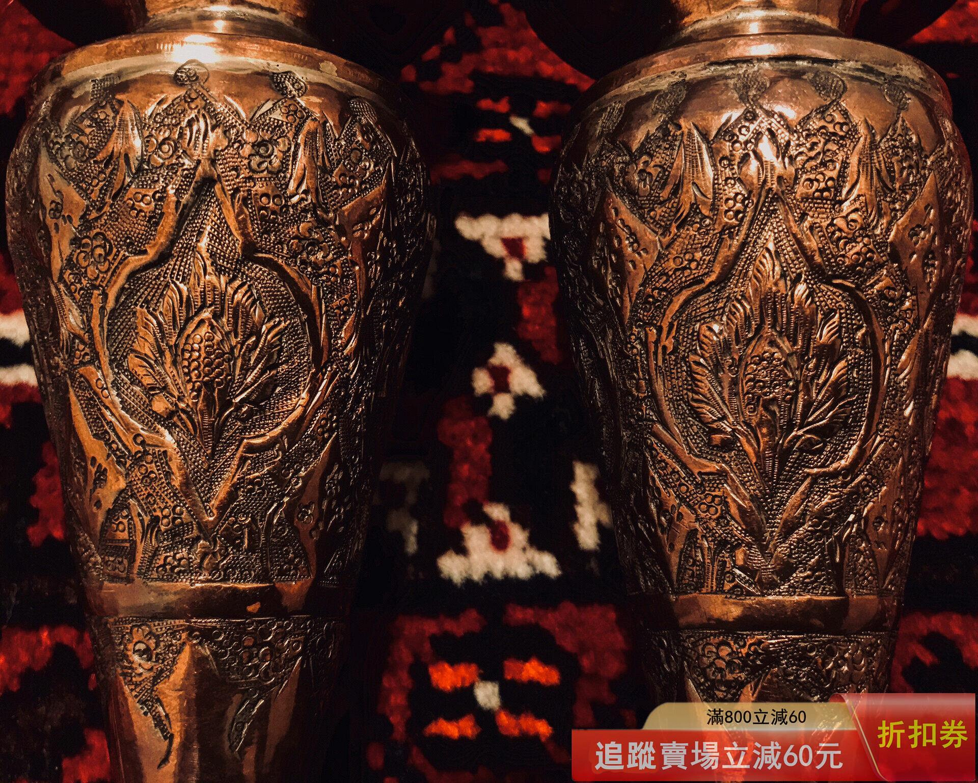 花瓶 銀鑲嵌 古銅製 波斯古董銅銀合金手工制作花瓶中古vintge 銅銀器*只2古玩收藏回流