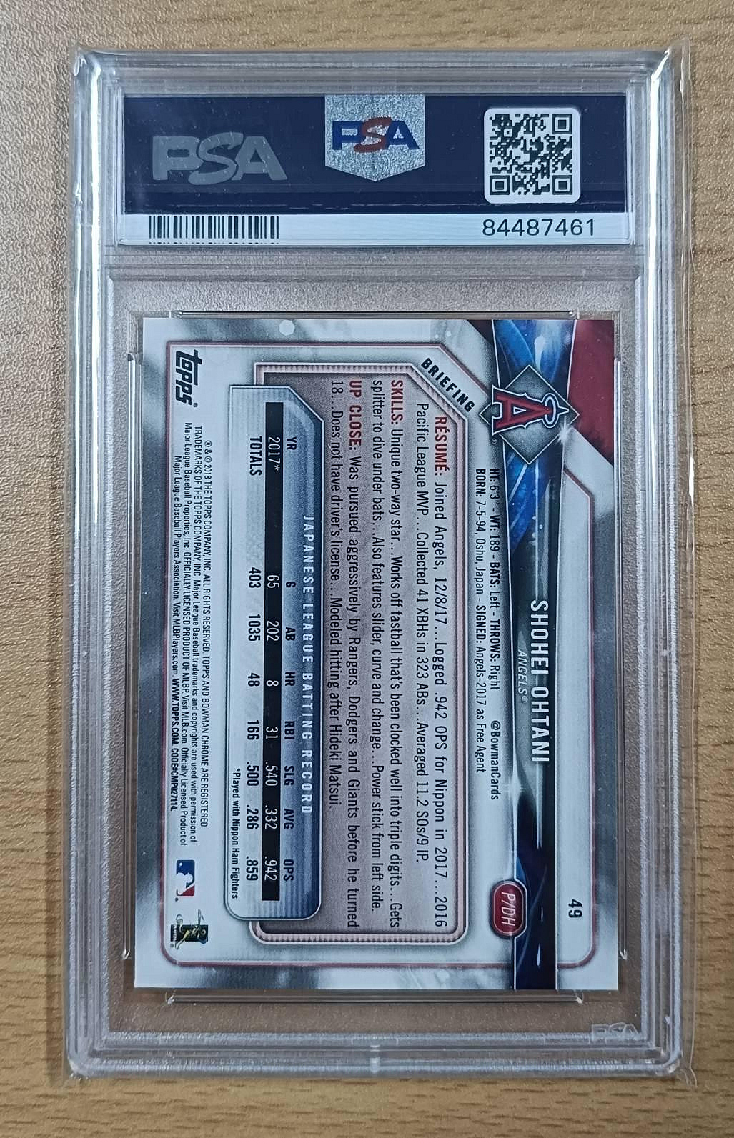 大谷翔平2018 Bowman投球第一張卡，最具代表性之一， RC #49滿分PSA 10 