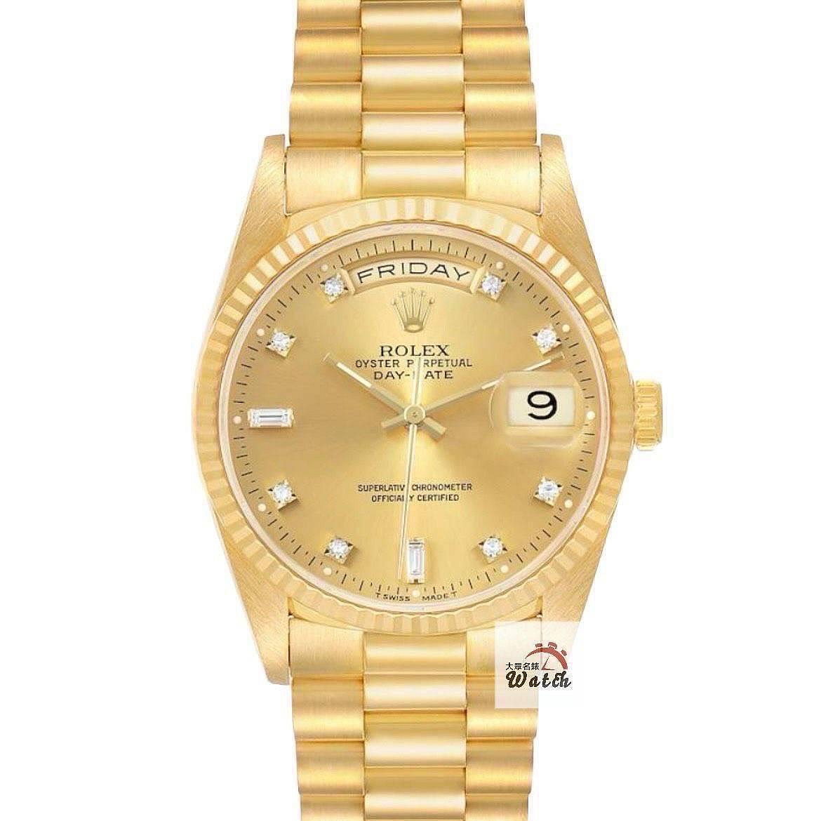 【大眾名錶】ROLEX 勞力士18038 Day-Date 蠔式18K 紅蟳款 金色6.9T鑽面盤 錶徑36mm 自動上鍊 大眾名錶B1484