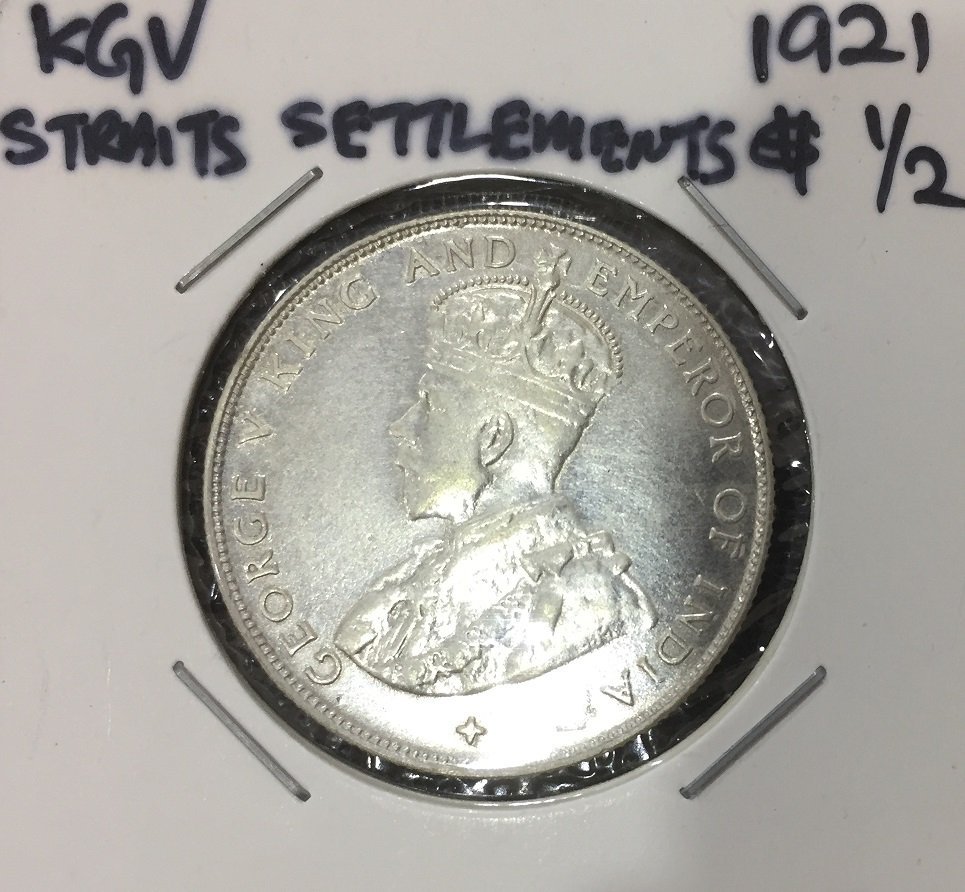 稀少年份1921 年英屬海峽殖民地喬治五世印度50 分Cents 半元1/2 大型