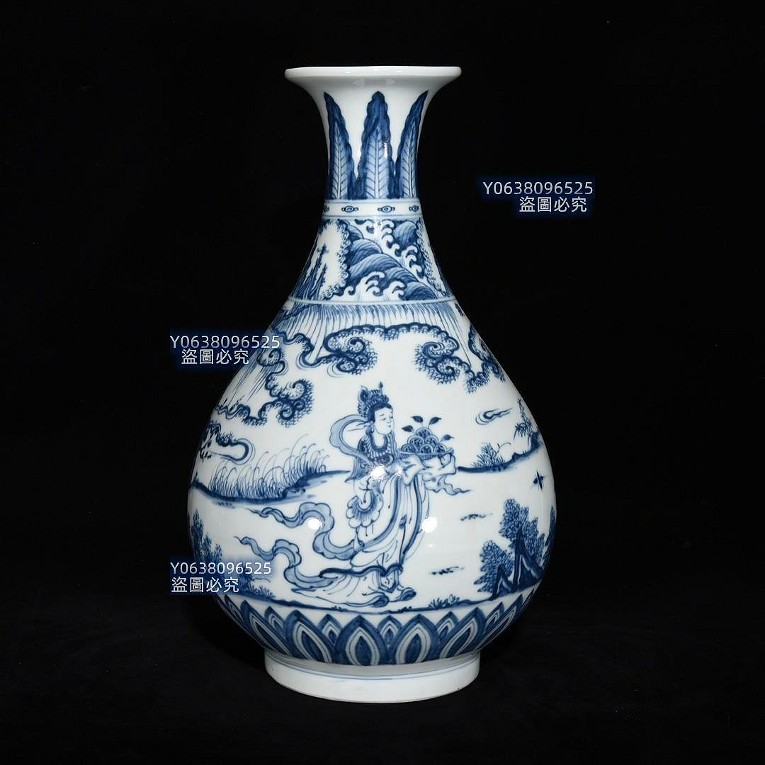 明天順青花人物故事紋玉壺春瓶，34×21，700707 青花官窯五彩二手【古雲