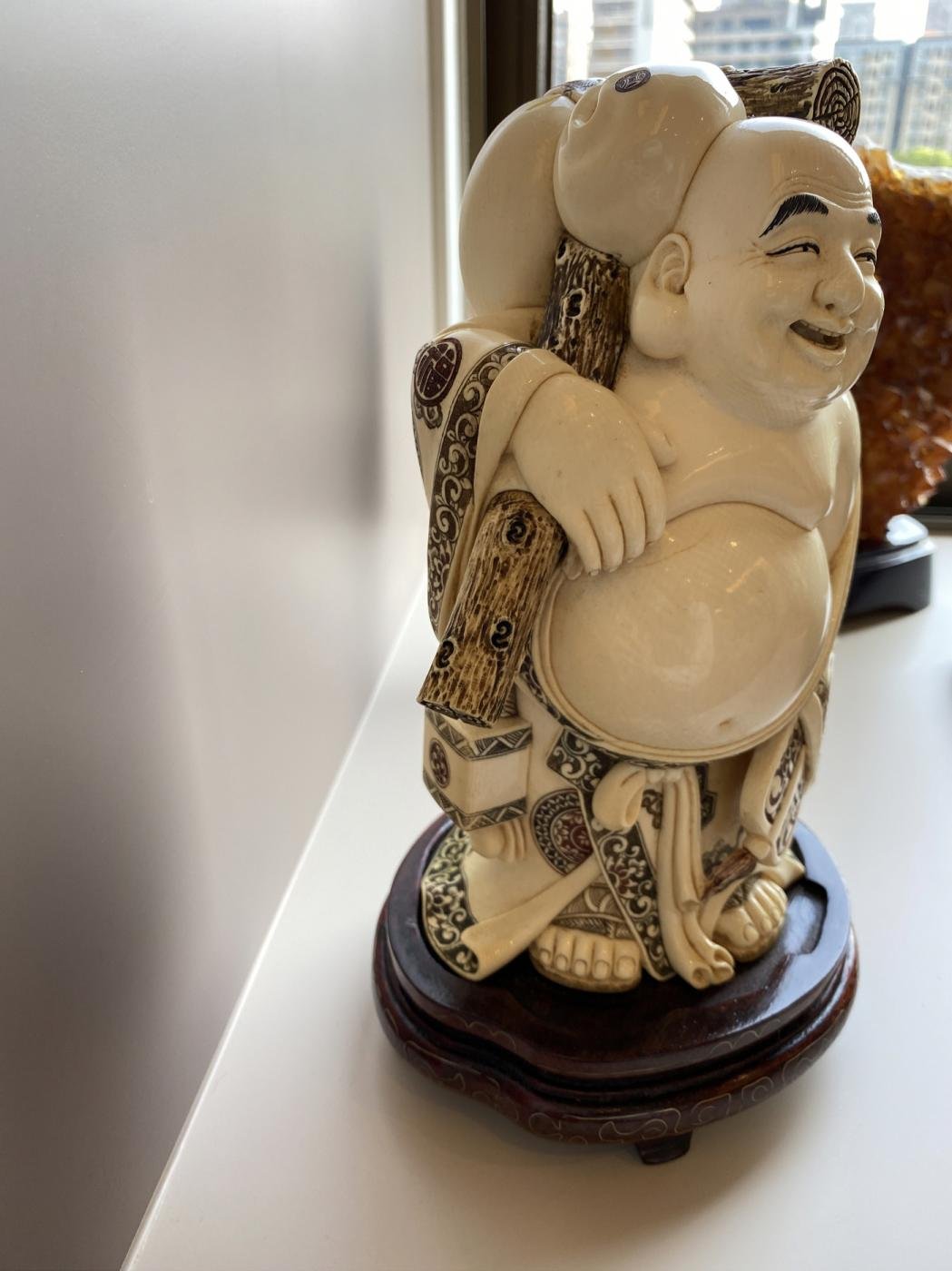 珍稀古董藝術品象牙擺件80公分豪宅收藏品擺飾和闐玉翡翠肖楠木木雕彌勒