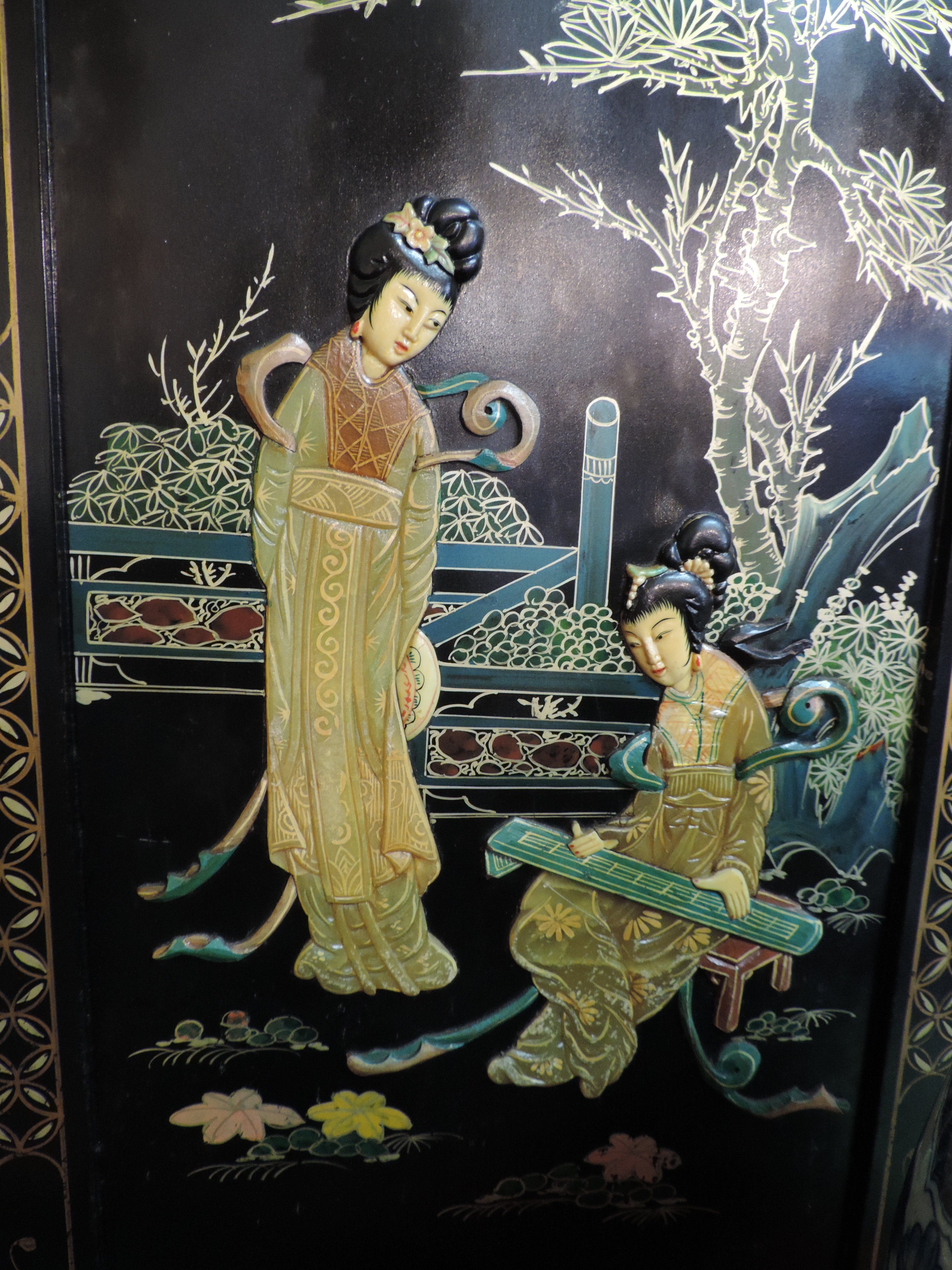 禎安丹雜藝~早期玉石美人圖漆器四連屏風鑲玉嵌寶梅蘭菊竹四君子繪畫