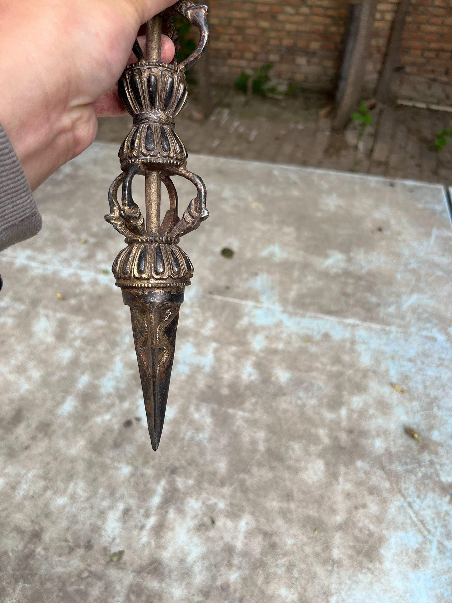 嚴選古玩老物件，超大純銅拓金馬頭明王杵，三面工藝精妙，皮殼自然老氣