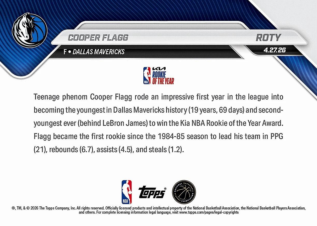 預購》Cooper Flagg漂亮新人年獲得最佳新人王獎項經典時刻紀念卡2025 