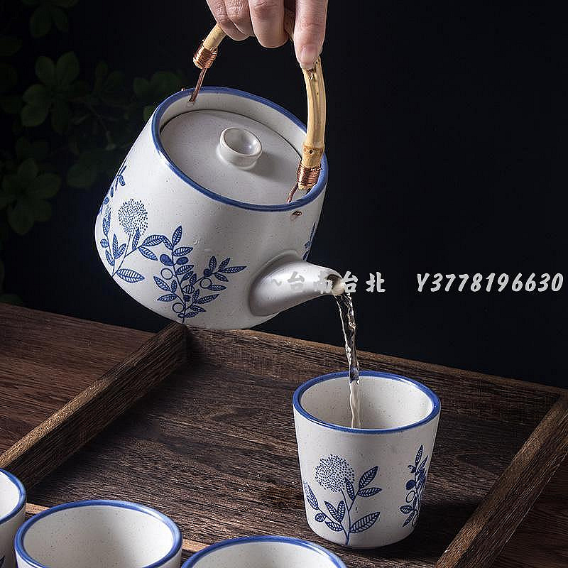 日式提梁茶壺500m精選l家用冷水壺復古粗陶茶具餐廳商用泡茶壺帶水杯