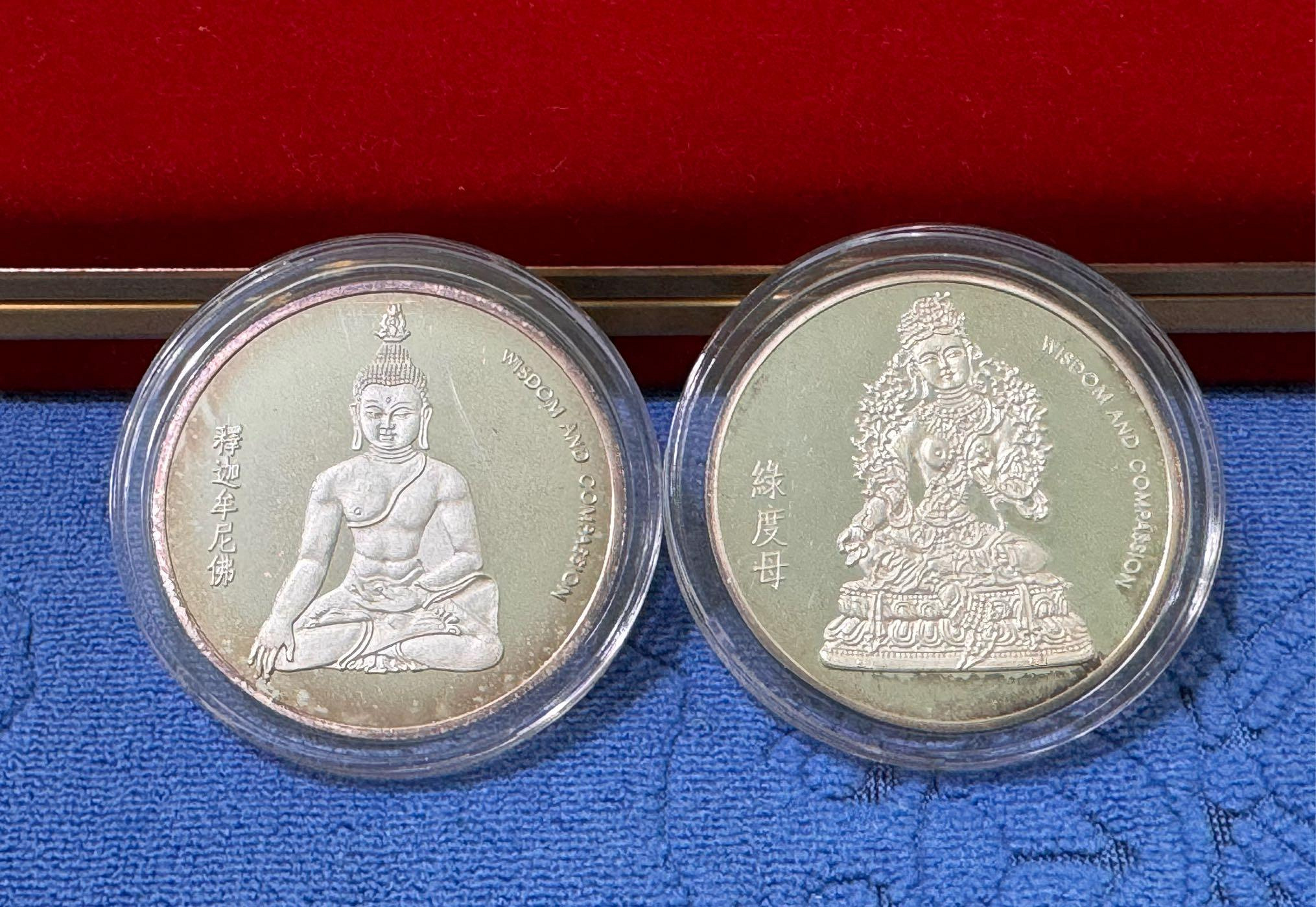 中華民國87年發行，藏傳佛教藝術大展紀念銀章套幣，綠度母、釋迦牟尼佛，每枚1盎斯，純銀999，原盒證，罕見| Yahoo拍賣