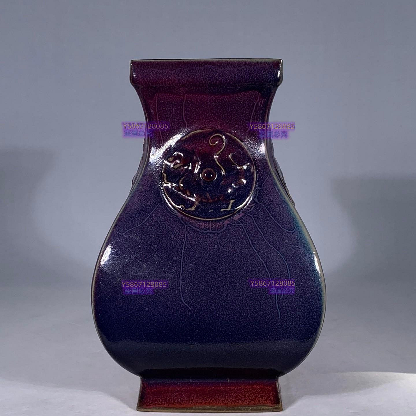 宋鈞窯玫瑰紫釉四大神獸紋四方尊，高26直徑16.5cm，300260 鈞瓷官窯汝