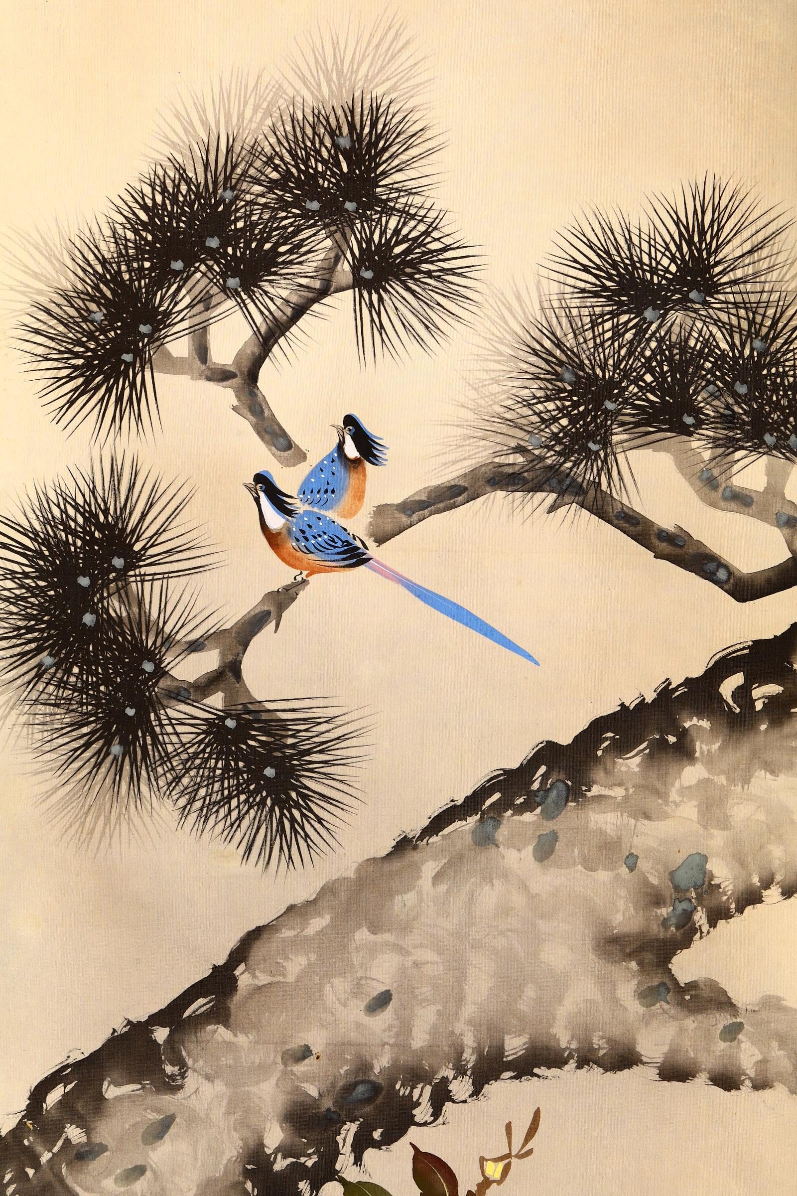 山田耕雲  絹本掛軸  雪中紅梅雀  共箱 師芳文 五代後蜀黃筌竹梅寒雀圖軸- 故宮