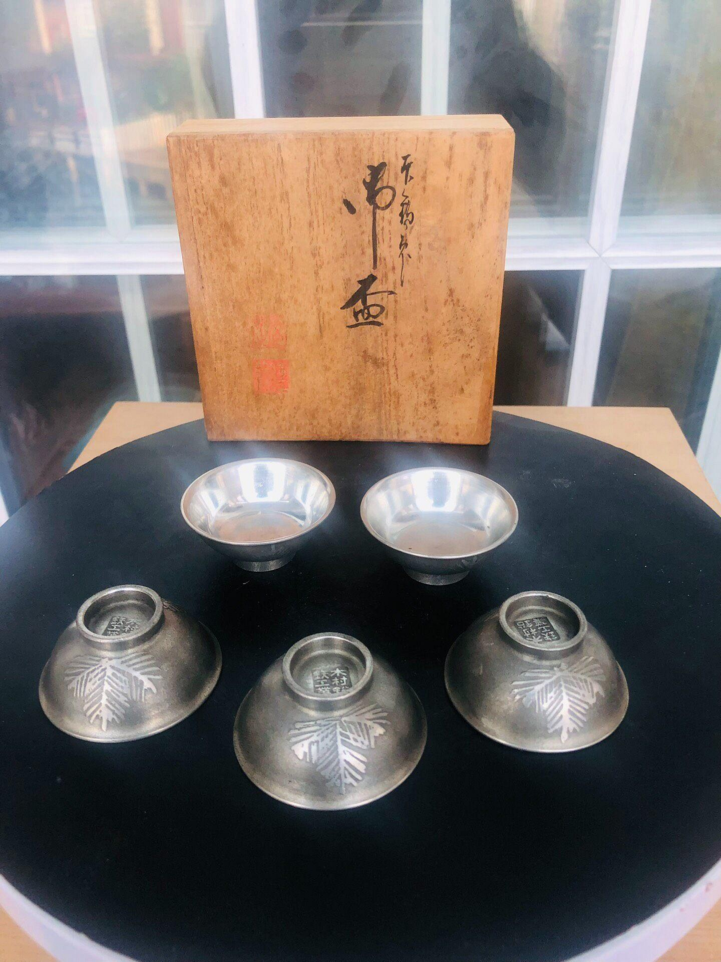日本舶來品，“木村鉛鐵工業”作，老錫御盃五客單只直徑5厘米，高度2.2