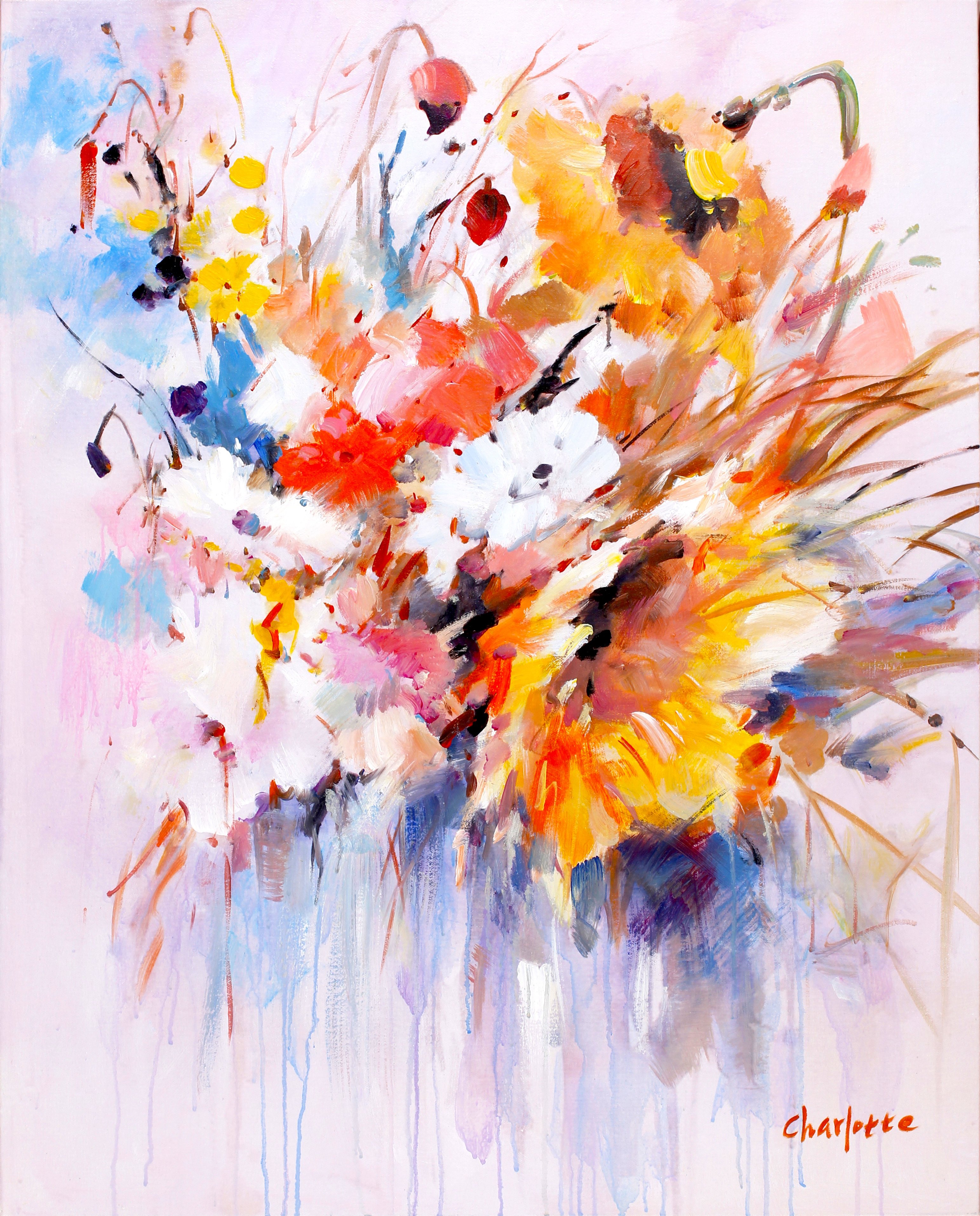 油彩画　【花】　抽象 玄关油画轻奢花卉装饰画抽象金箔大气走廊过道挂画进门北欧风墙画