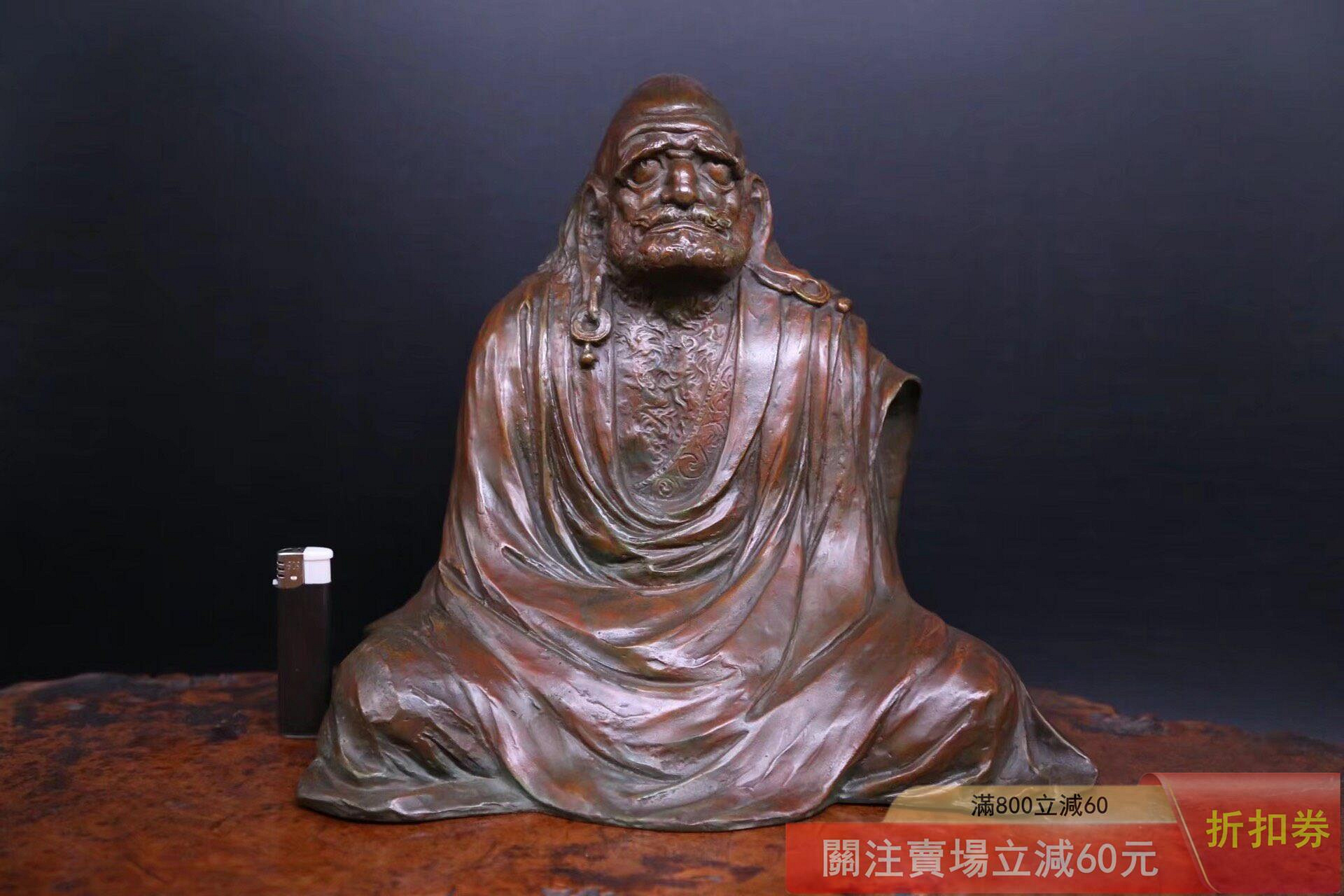 可議價明治時代金工名家長江録彌作(彌印) 作品《蠟型鑄銅制達摩大師