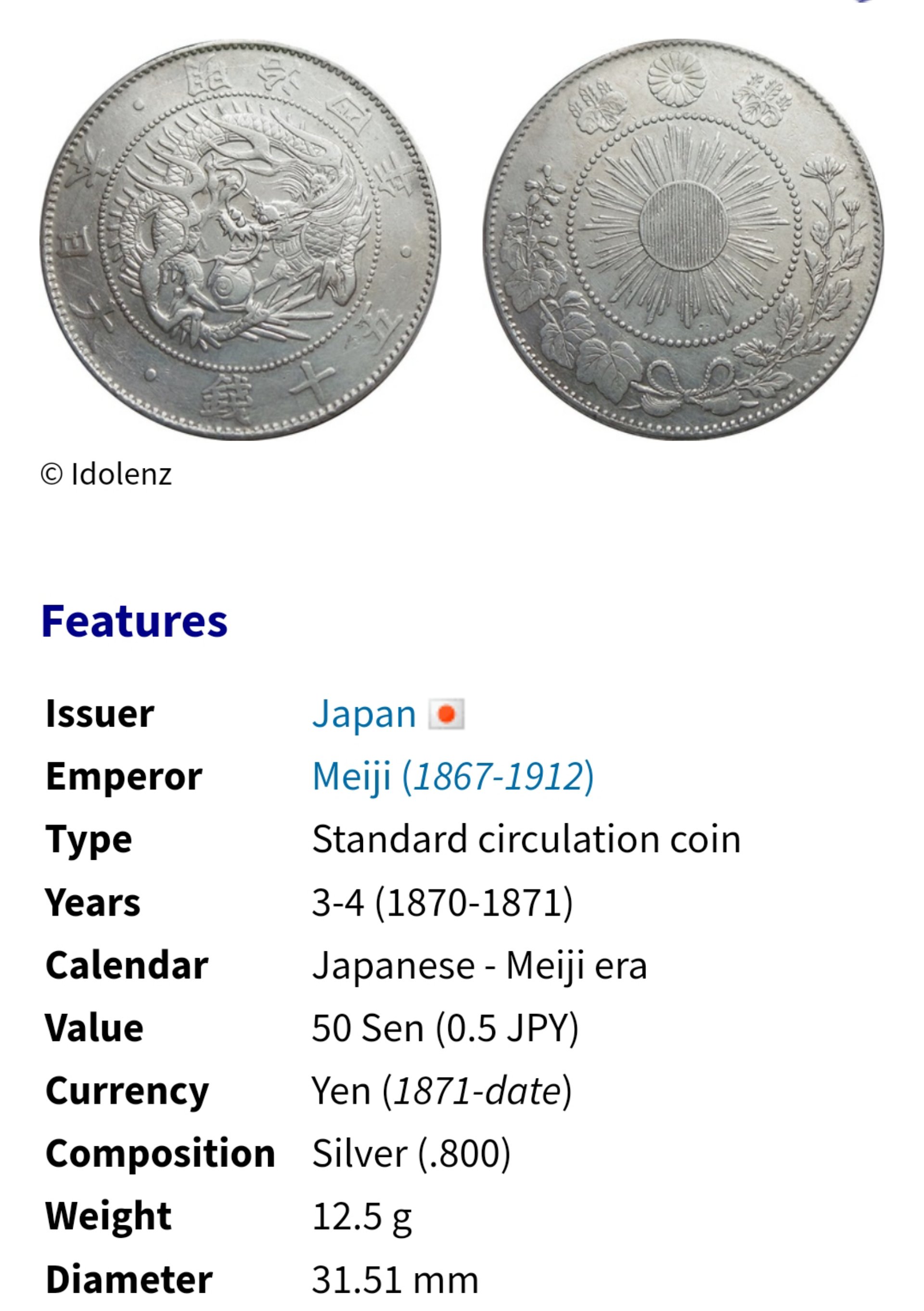 日本旭日龍明治四年(1871年) 五十錢重12.24g 銀幣(80%銀) 1638 | Yahoo拍賣