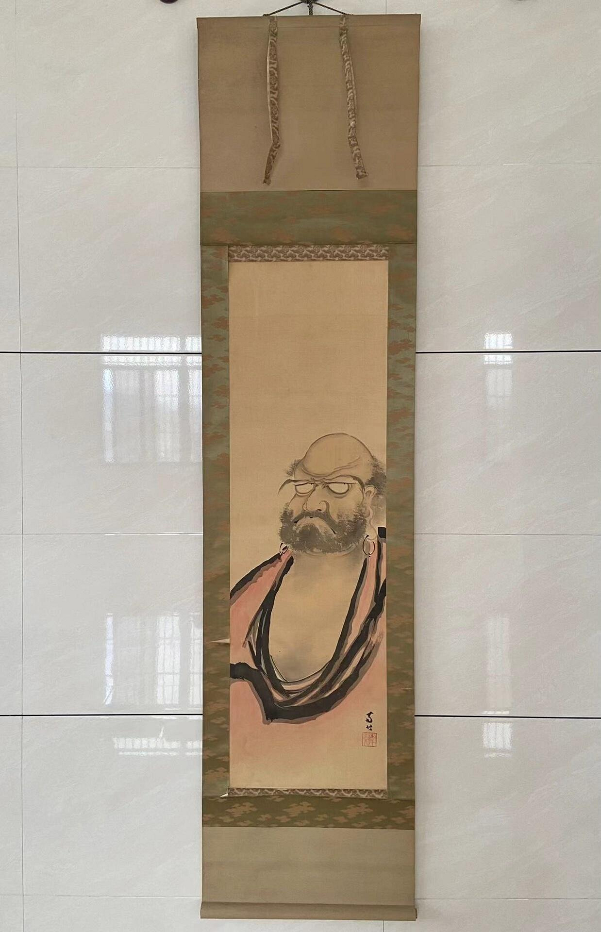 宋風經典達摩圖茶掛，絹本綾裱手繪，S47尺幅115×34cm，工筆精細，保存