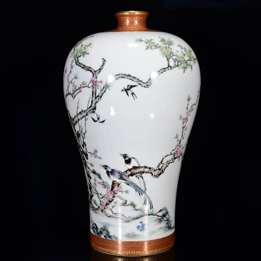 清雍正年粉彩描金花鳥紋梅瓶31*17m3500 古玩收藏老物件【古雅庭軒