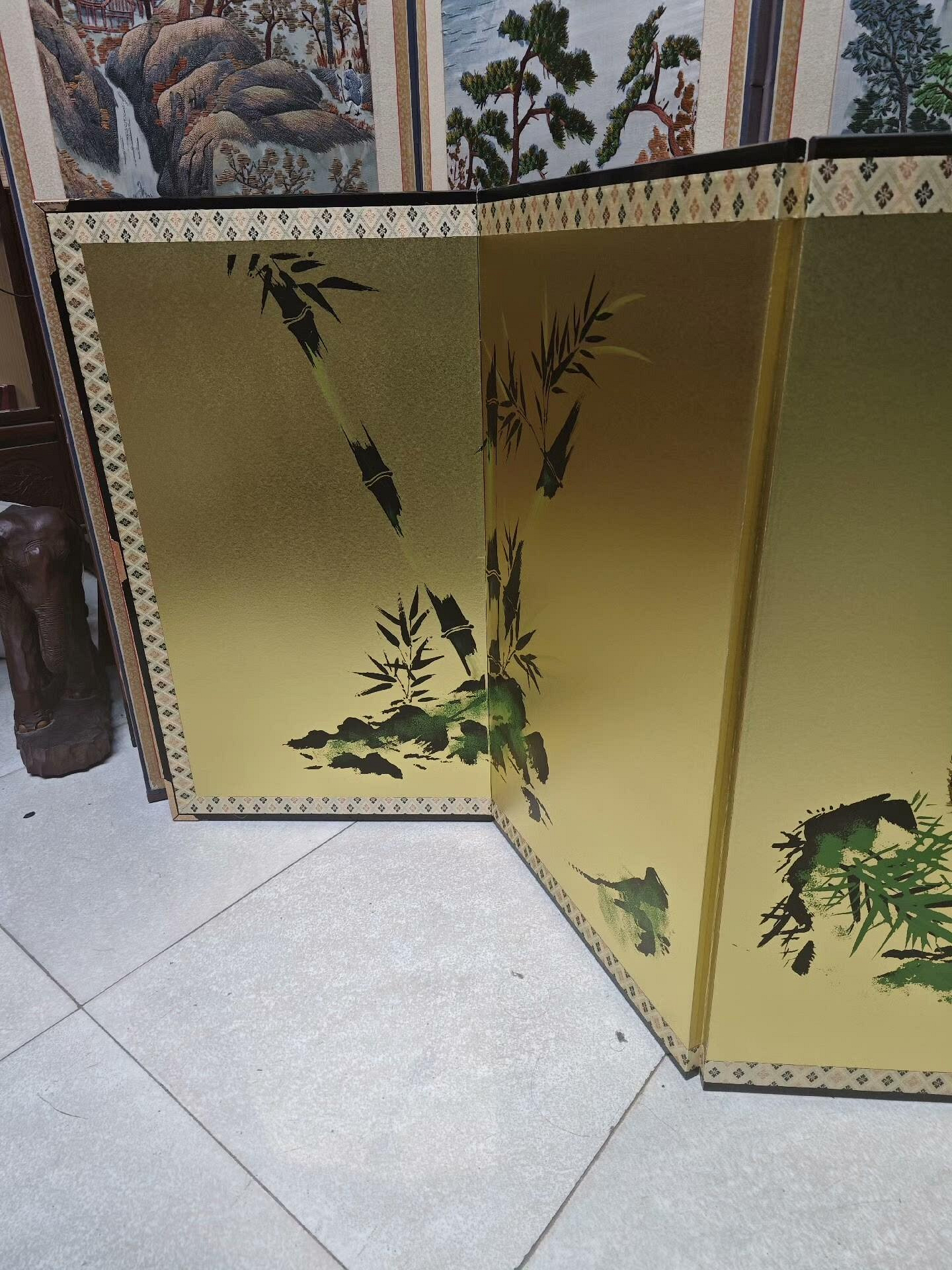 日本中古，金箔“竹虎圖”四折屏風/掛畫日本金箔屏風，日本屏風金箔隔斷