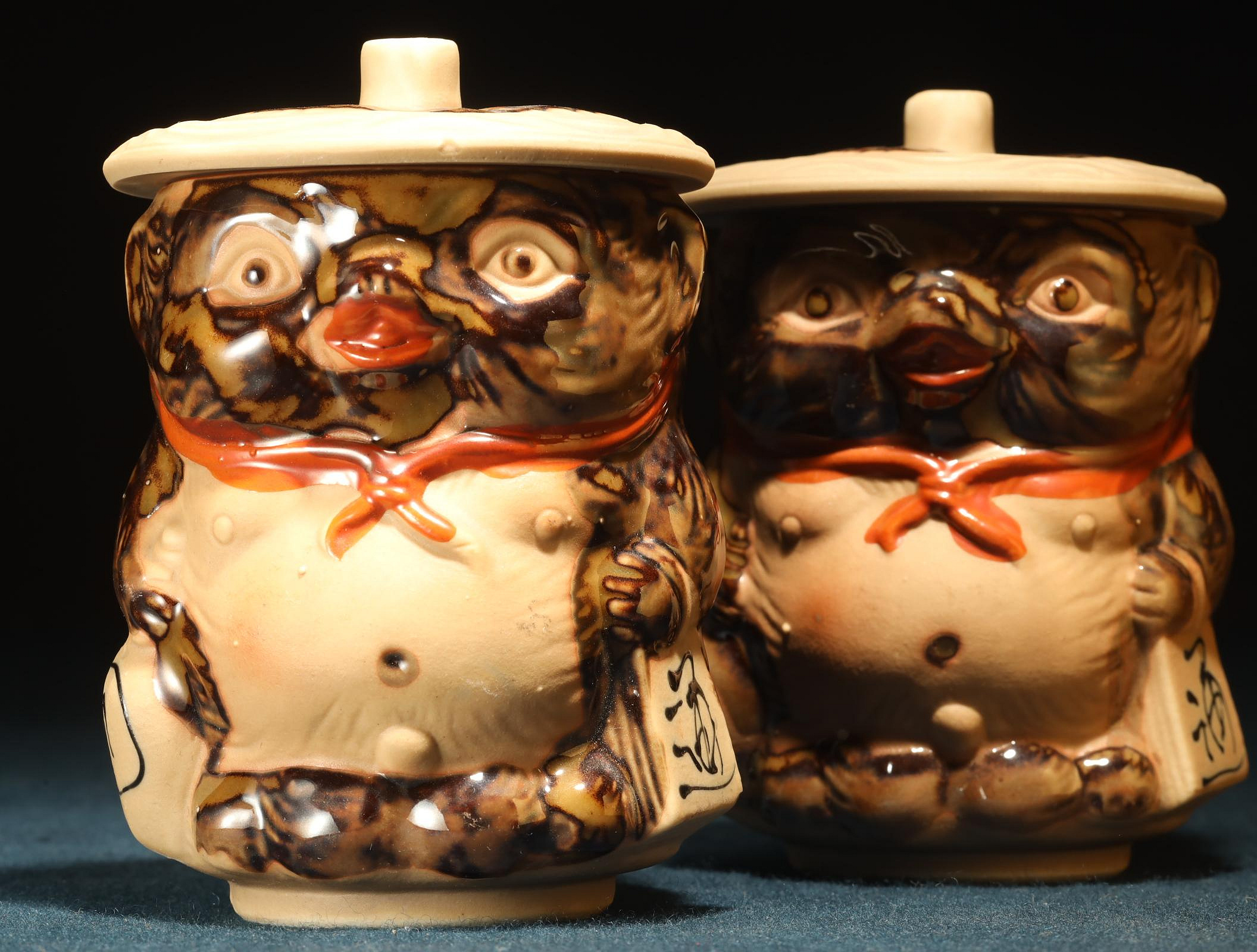 盃台・盃 木製 茶道具 古物品 4/6結標日本未使用狸貓大杯一對CEC0908 -茶道具侘寂日本茶道品茶煎茶器