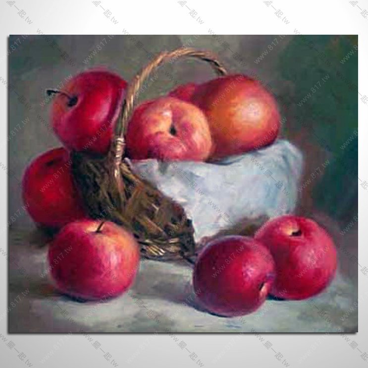 靜物畫-開運吉祥靜物油畫5976 滿載平安蘋果竹籃吉祥招財水果畫餐廳掛畫