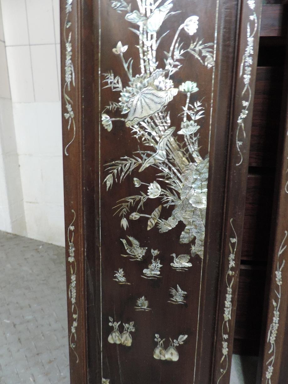 早期收藏~老件四片式鑲貝掛畫紅木鑲崁螺鈿鏍鈿貝殼壁掛吊屏美飾掛匾春