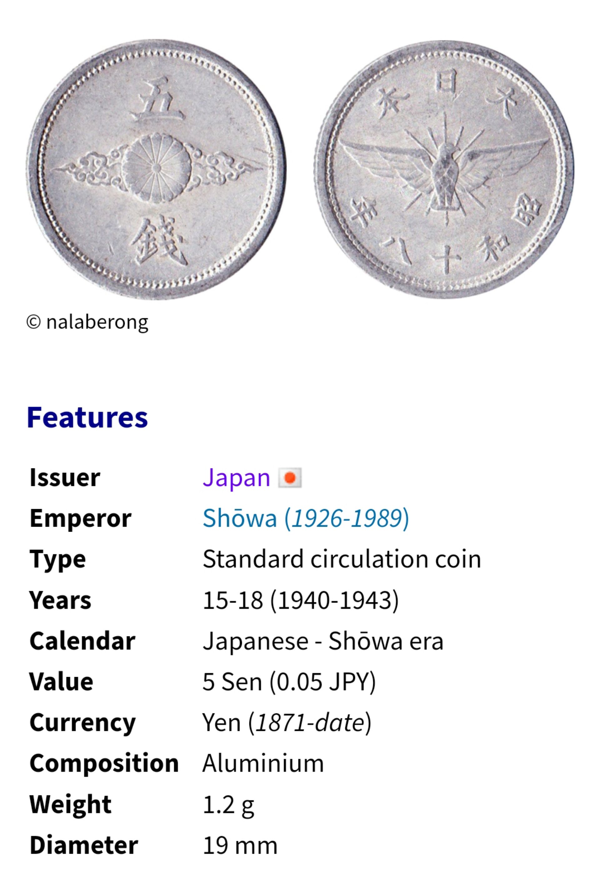 日本五錢金色風筝鳥昭和十七年(1942年) 鋁幣1318 未使用| Yahoo拍賣