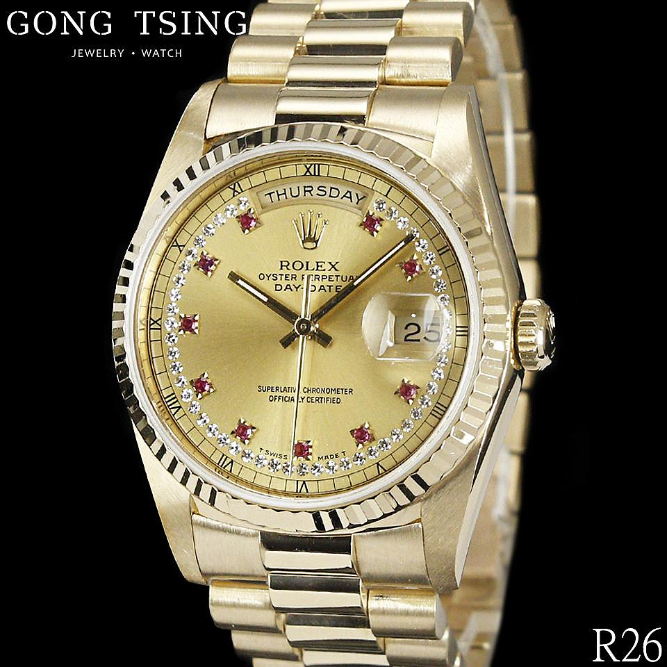 【公信精品】勞力士 ROLEX 18238 原廠黃K金 原廠小紅寶多層鑽面盤 紅蟳 3155自動上鍊機芯