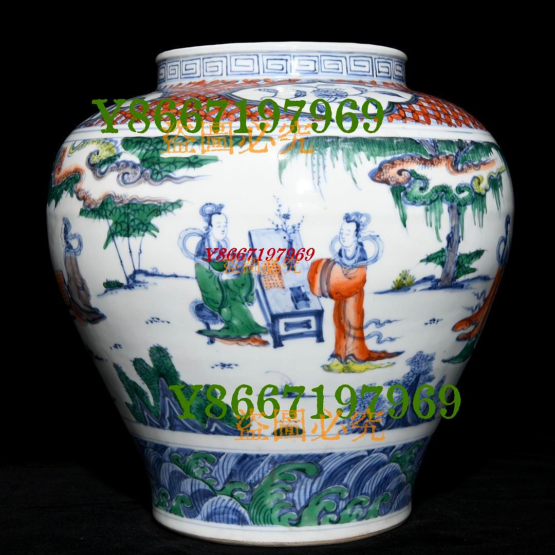 明景泰青花五彩琴棋書畫紋罐，高32.5cm直徑32cm18868 瓷器青花粉彩