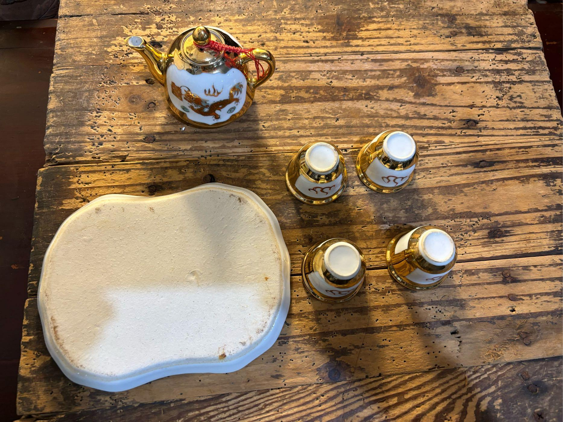 古中國景德鎮描金龍鳳囍字小茶壺組完整少見。落款茶具茶道具茶具組杯