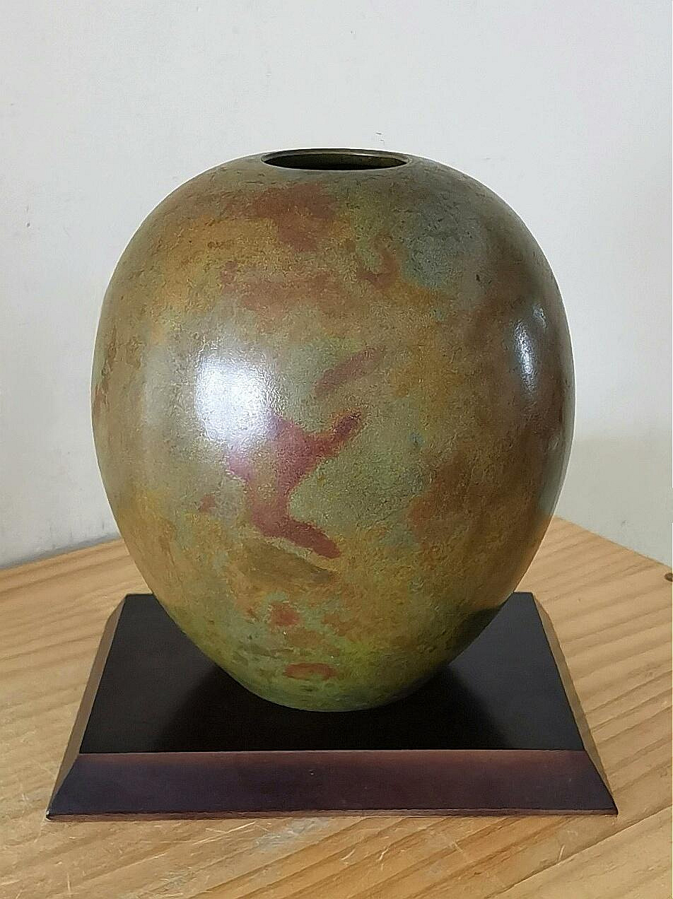 嚴選日本高崗鑄銅花瓶長谷川雅山創作雙手精工細節考究口徑4.8公分寬16