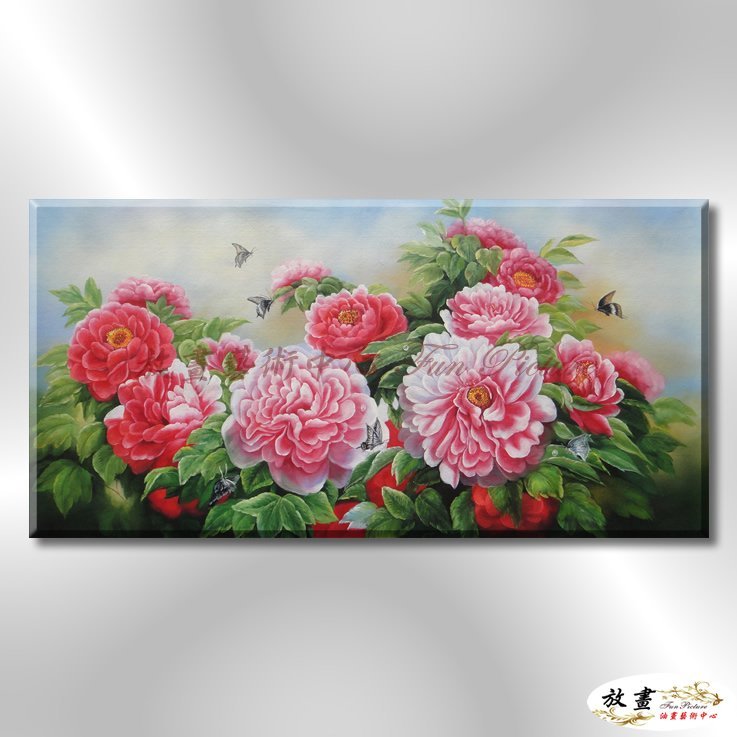 放畫藝術】富貴牡丹M045 純手繪油畫橫幅多彩暖色系文公尺吉祥招財風水