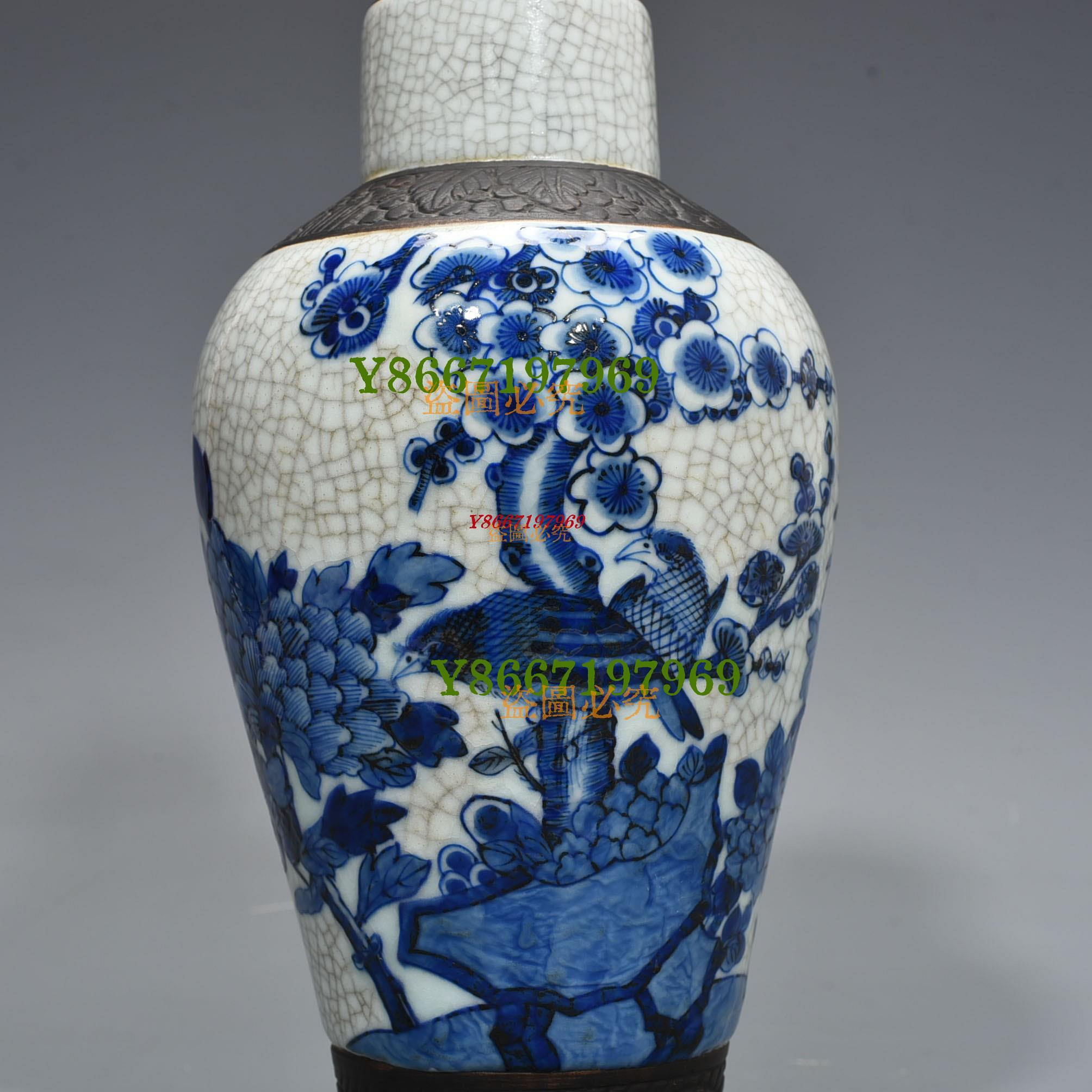 清康熙哥釉青花花鳥紋梅瓶28*14厘米9005 瓷器青花粉彩【南小瓷