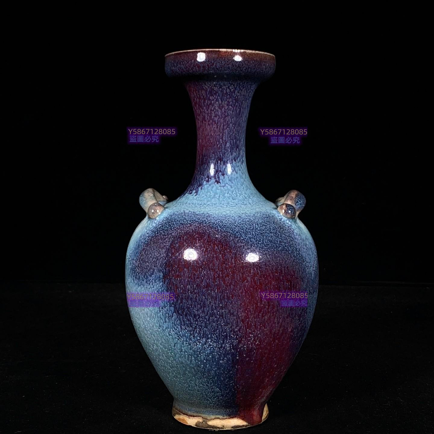 宋鈞窯玫瑰紫斑雙系盤口瓶，高24.5直徑13cm，200548 鈞瓷官窯汝瓷二手