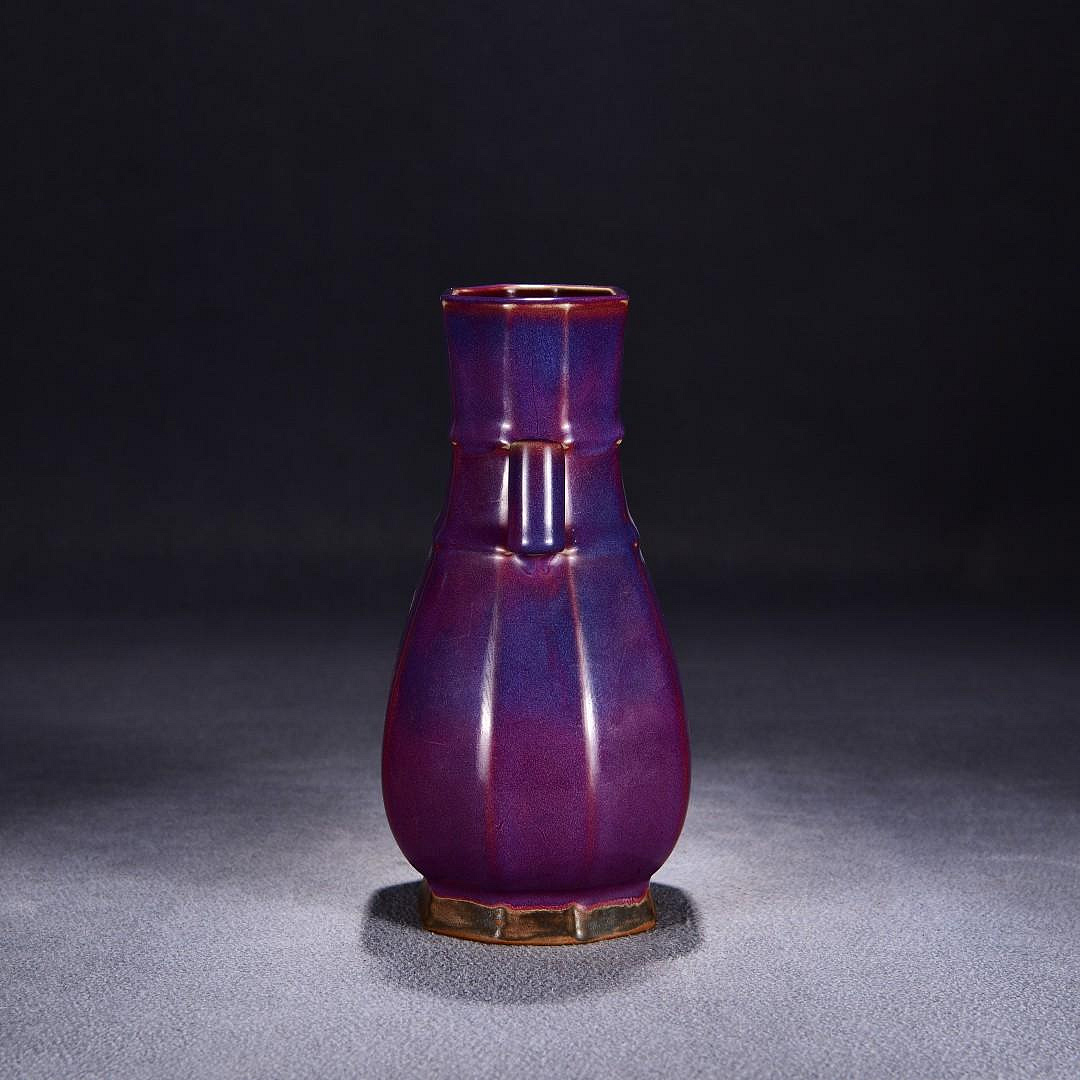 舊藏宋鈞窯茄皮紫釉卷耳八方瓶！尺寸高27寬1624059693古玩收藏擺件