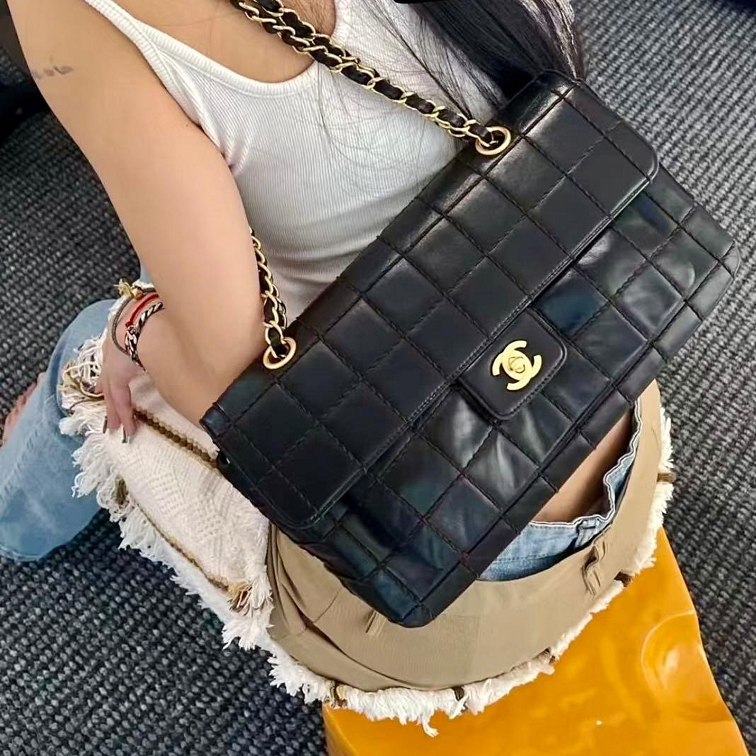 Vintage香奈兒Chanel冰格羊皮cf鏈條包