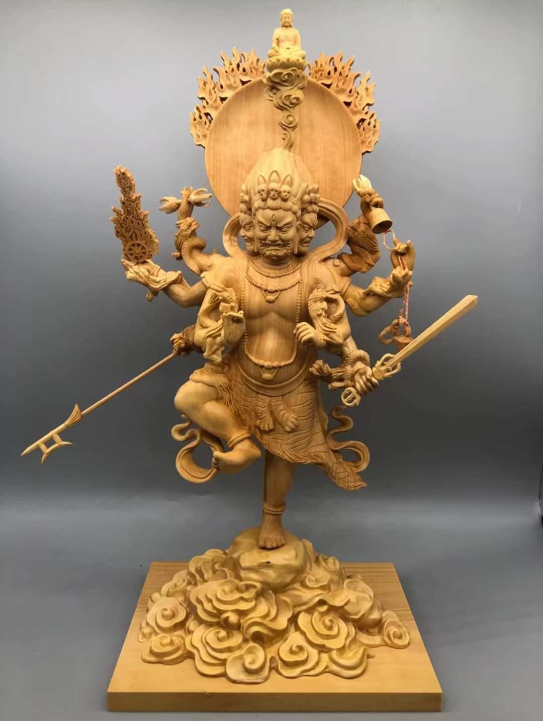 木彫仏像 烏枢沙摩明王 総高21cm つげ材木地仕上 木彫仏像